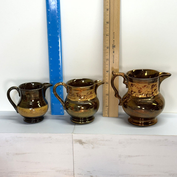 Set of 3 Allertons Longton England Copper Luster Painted Matching Pitchers - Picture 2 of 13